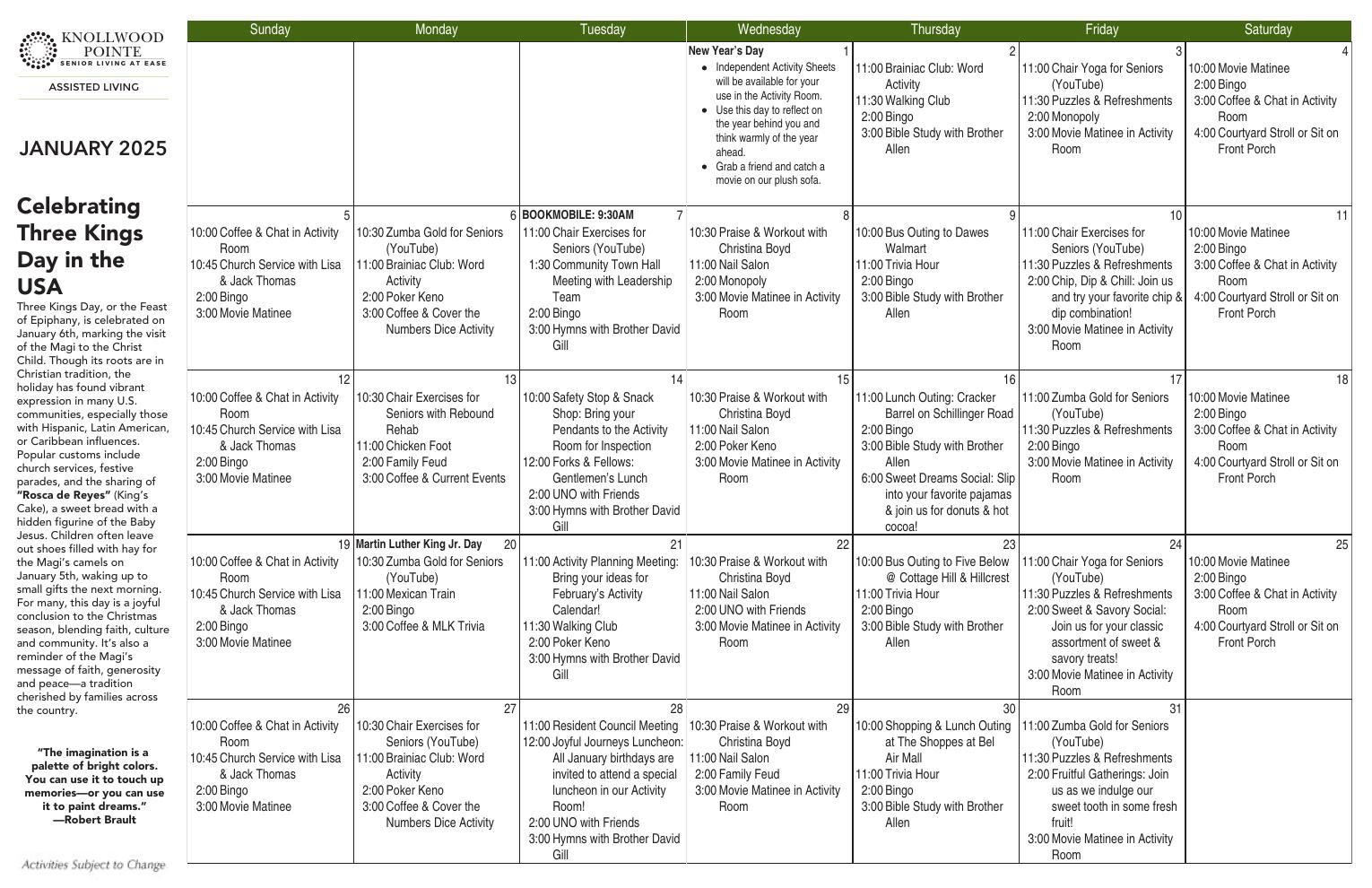 Assisted Living Event Calendar