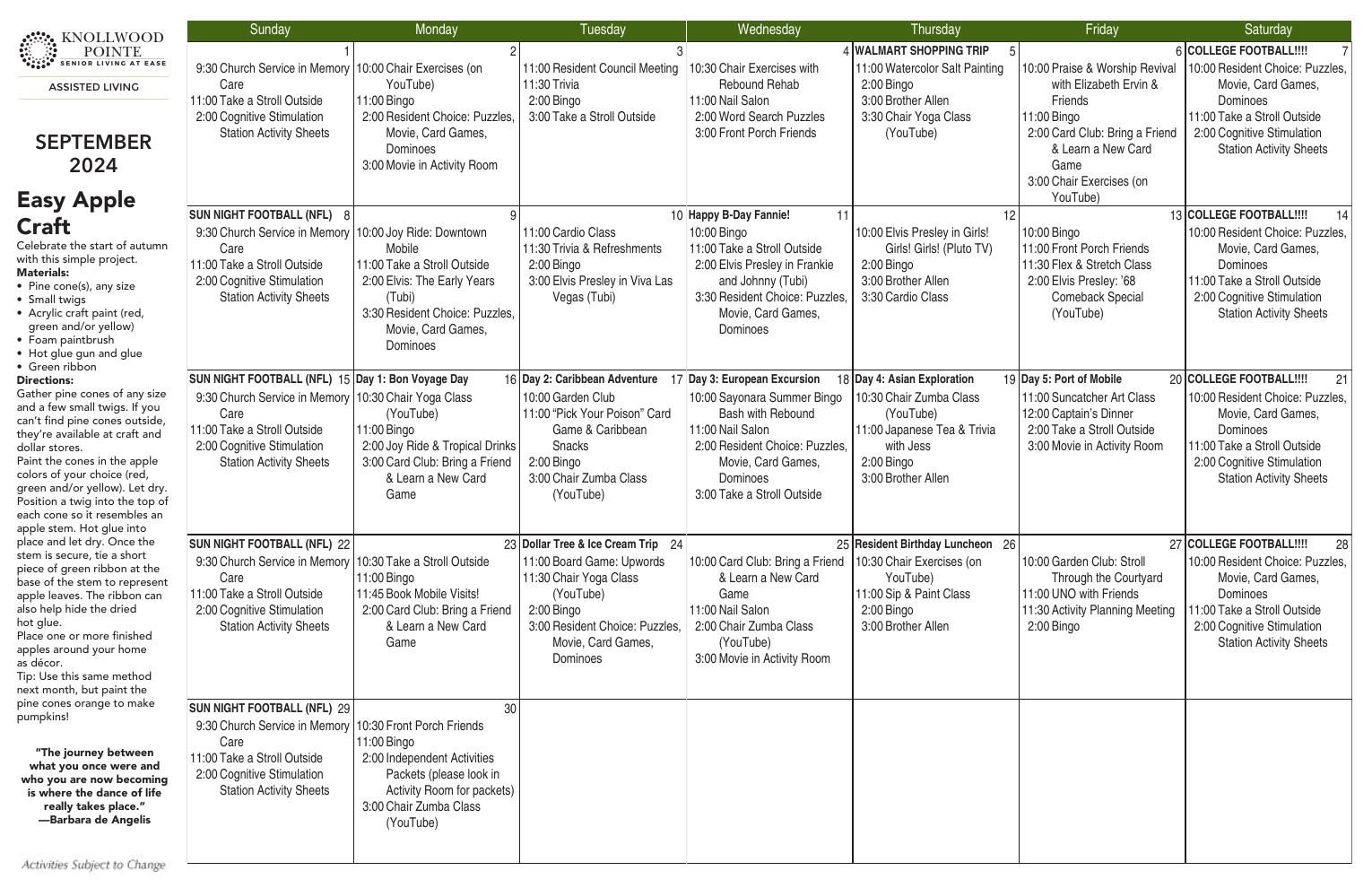 Assisted Living Event Calendar