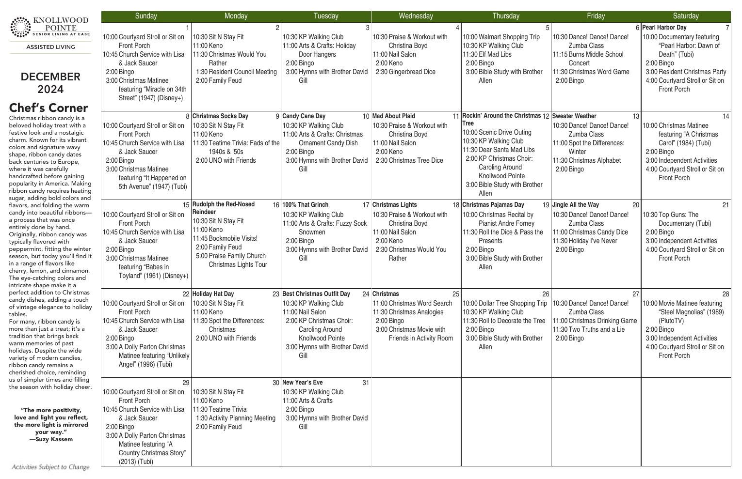 Assisted Living Event Calendar