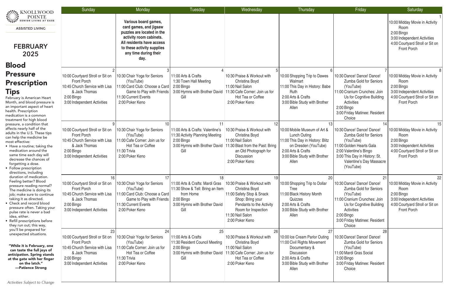 Assisted Living Event Calendar