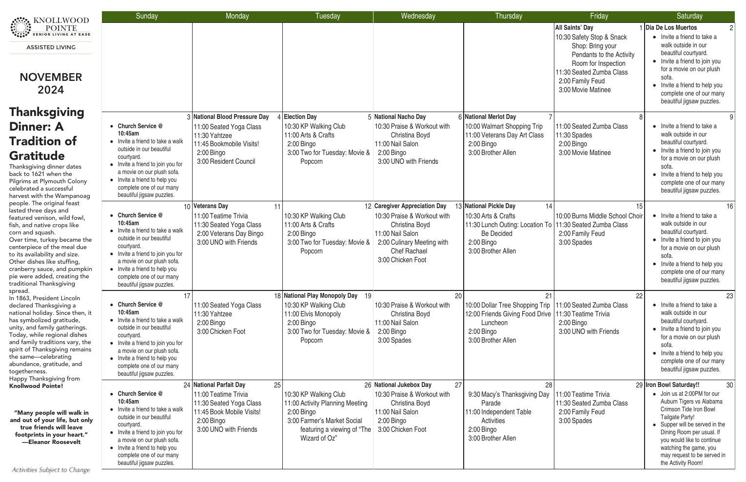 Assisted Living Event Calendar